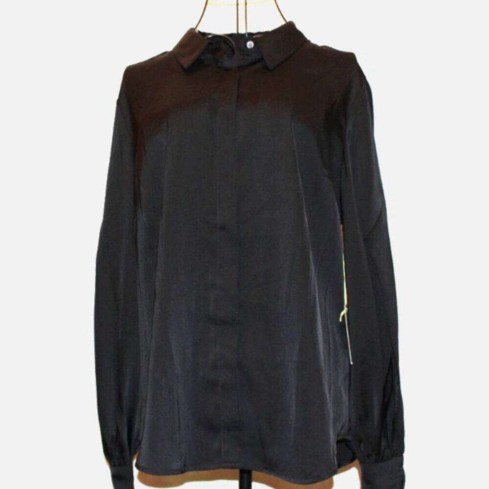 Black Satin Blouse Button Front Shirt Long Sleeve Top CeCe M NWT Puff Sleeves